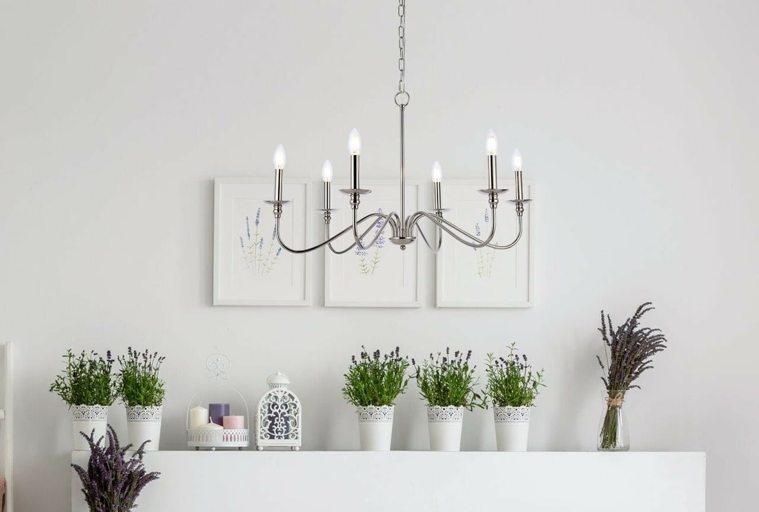 Rohan Polished Nickel 6-Light Chandelier 30 Inch Living District: Rohan Polished Nickel 6-Light Chandelier 30 Inch Living District Enhance your space with this stunning Rohan 6-Light Polished Nickel Chandelier, a perfect blend of modern design and functionality. Thi