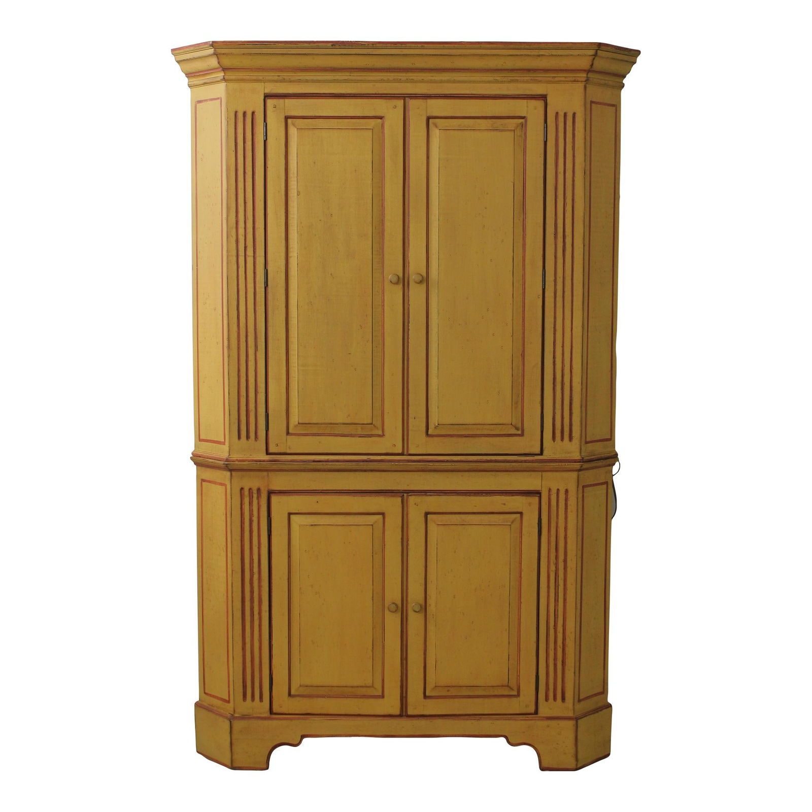 25 Year Old Primitive Style Corner Cabinet with Distressed Yellow Finish: 25 Year Old Primitive Style Corner Cabinet with Distressed Yellow Finish Introducing a stunning Primitive Style Paint Decorated Corner Cabinet Cupboard, a perfect blend of functionality and rustic cha