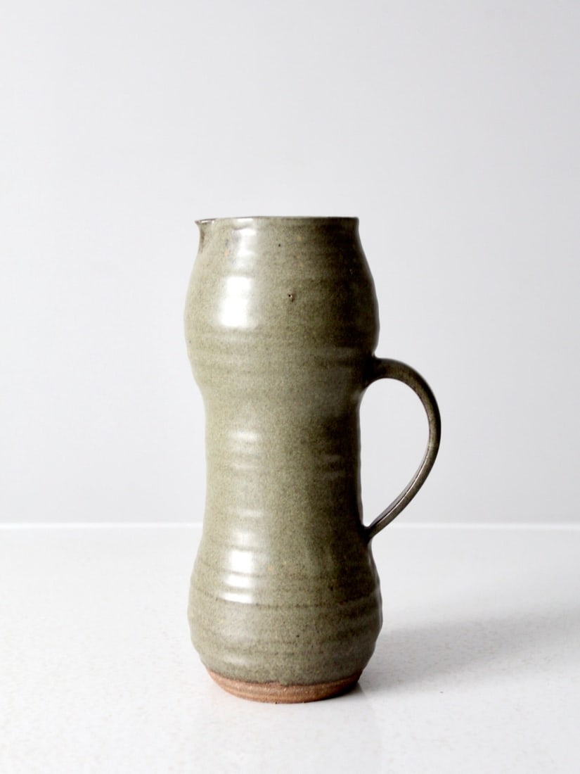 Vintage Tall Sage Green Studio Pottery Pitcher 10.5 Inch (1 of 10)