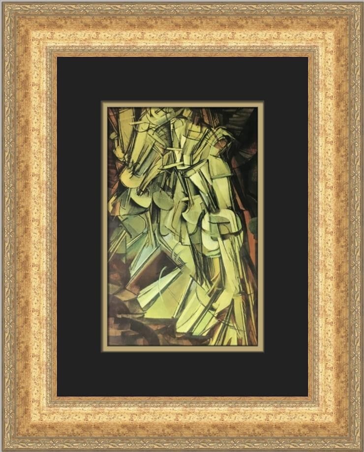 Marcel Duchamp Nude Descending a Staircase Custom Framed Art Print 19x15: Marcel Duchamp Nude Descending a Staircase Custom Framed Art Print 19x15 This custom framed print features Marcel Duchamp's iconic artwork, "Nude Descending a Staircase." The piece is designed in a me