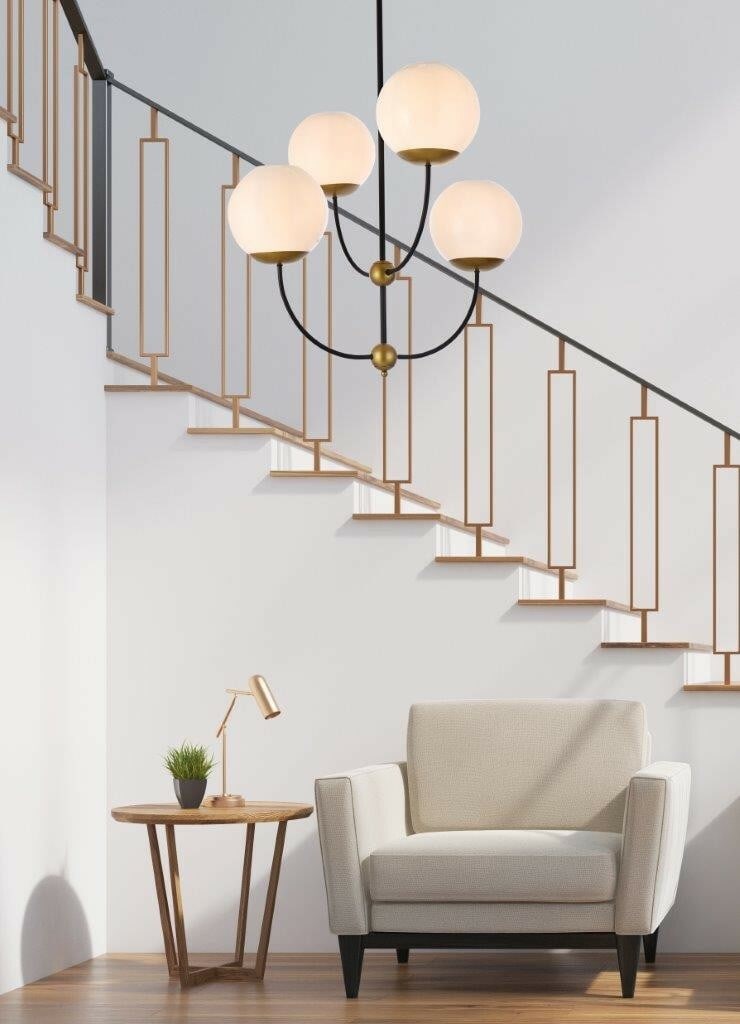 Lennon Modern 4 Light Pendant in Black Brass with White Shades 31.5 Inch Adjustable: Lennon Modern 4 Light Pendant in Black Brass with White Shades 31.5 Inch Adjustable This mid-century modern chandelier features a black and brass iron frame with four round white shades, creating a sl