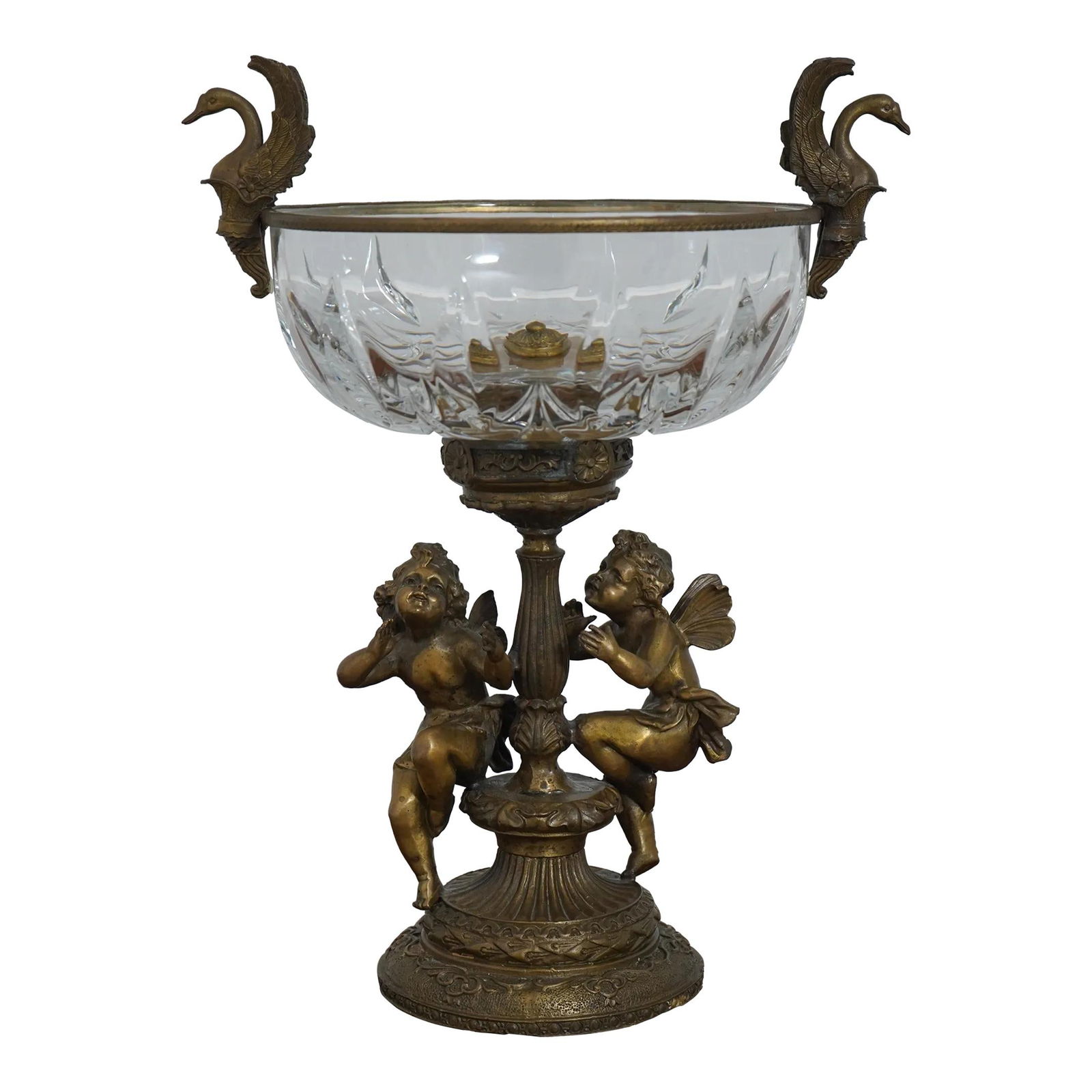 Victorian Bronze Cherub Base Crystal Compote Bowl 11 x 14 (1 of 9)