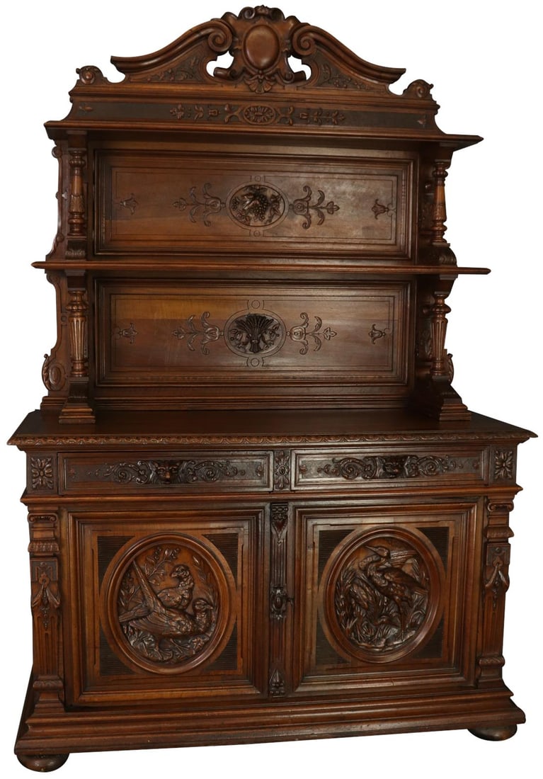 1880 Antique French Renaissance Walnut Server Sideboard Chestnut Finish: 1880 Antique French Renaissance Walnut Server Sideboard Chestnut Finish This elegant Antique French Renaissance Server Sideboard showcases a timeless design and craftsmanship from 1880. Constructed fr