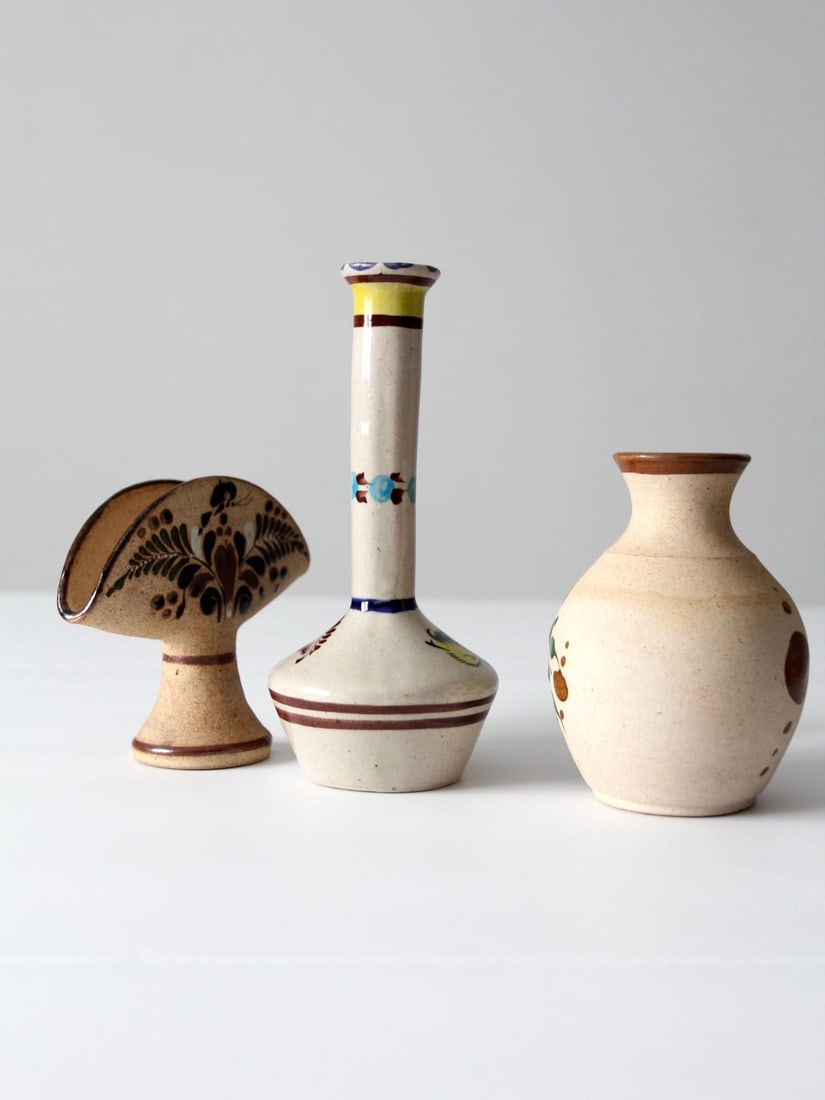 Vintage Tonala Pottery Collection of 3 Pieces with Floral Design Set Of 3 - 10