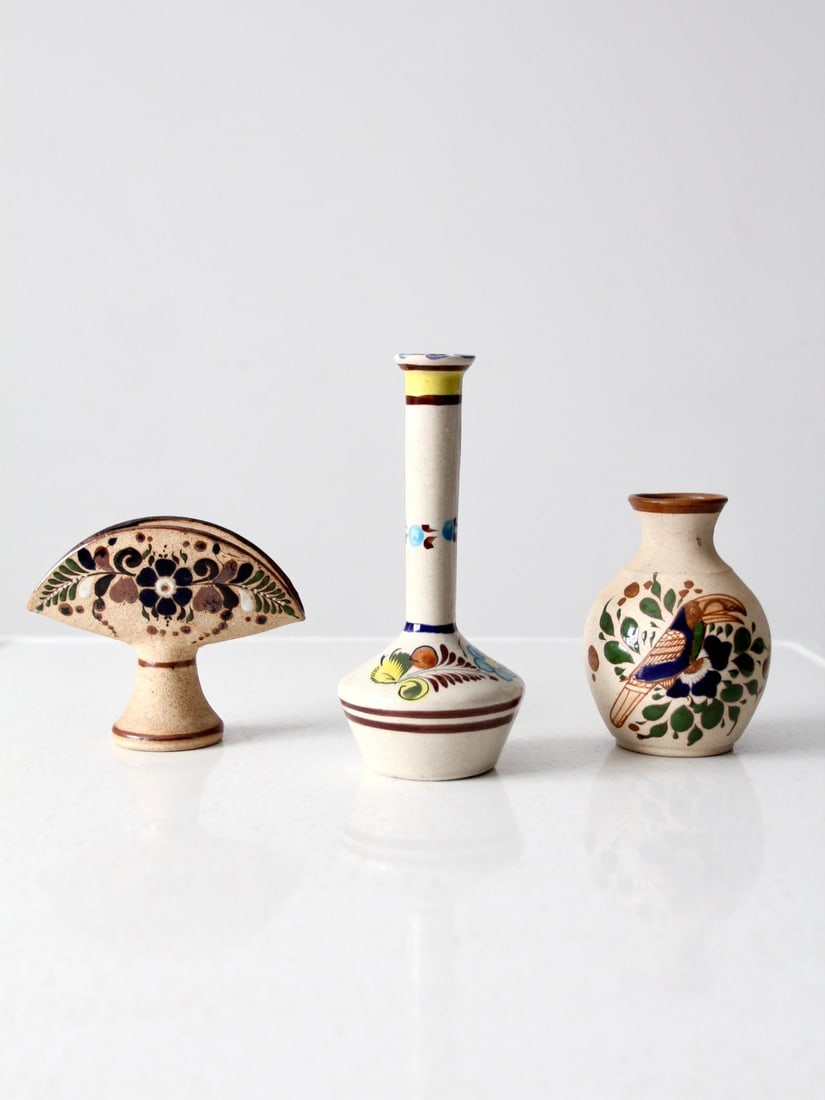 Vintage Tonala Pottery Collection of 3 Pieces with Floral Design Set Of 3 - 2