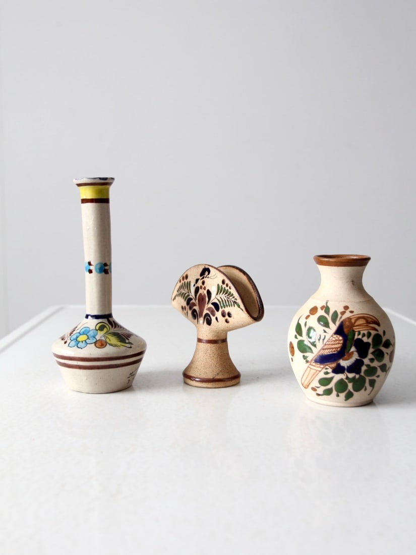 Vintage Tonala Pottery Collection of 3 Pieces with Floral Design Set Of 3 - 8