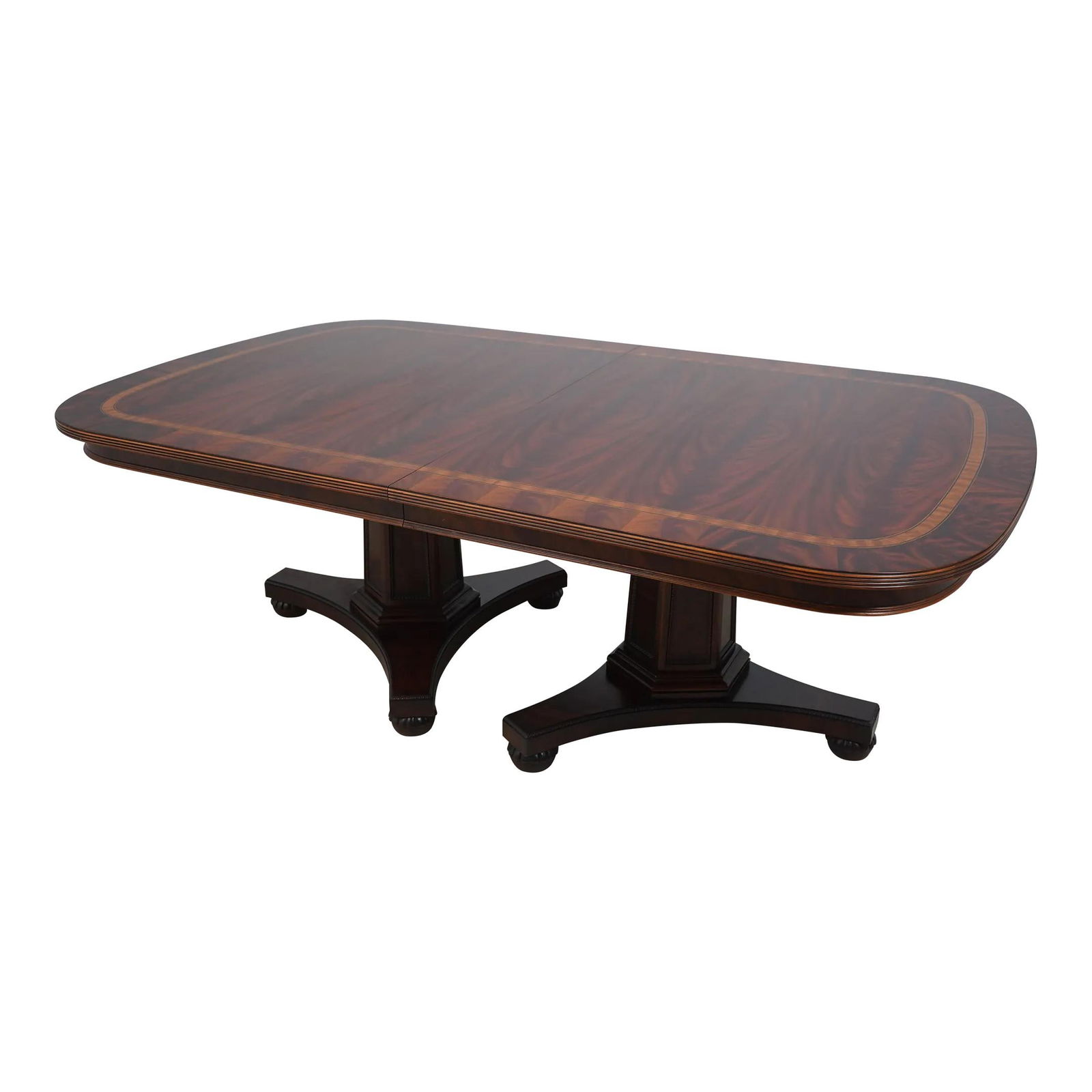 Henredon Empire Style Mahogany Dining Table with 2 Leaves: Henredon Empire Style Mahogany Dining Table with 2 Leaves This stunning Henredon Flame Mahogany Top Dining Room Table showcases exquisite craftsmanship and timeless design. Featuring a gorgeous