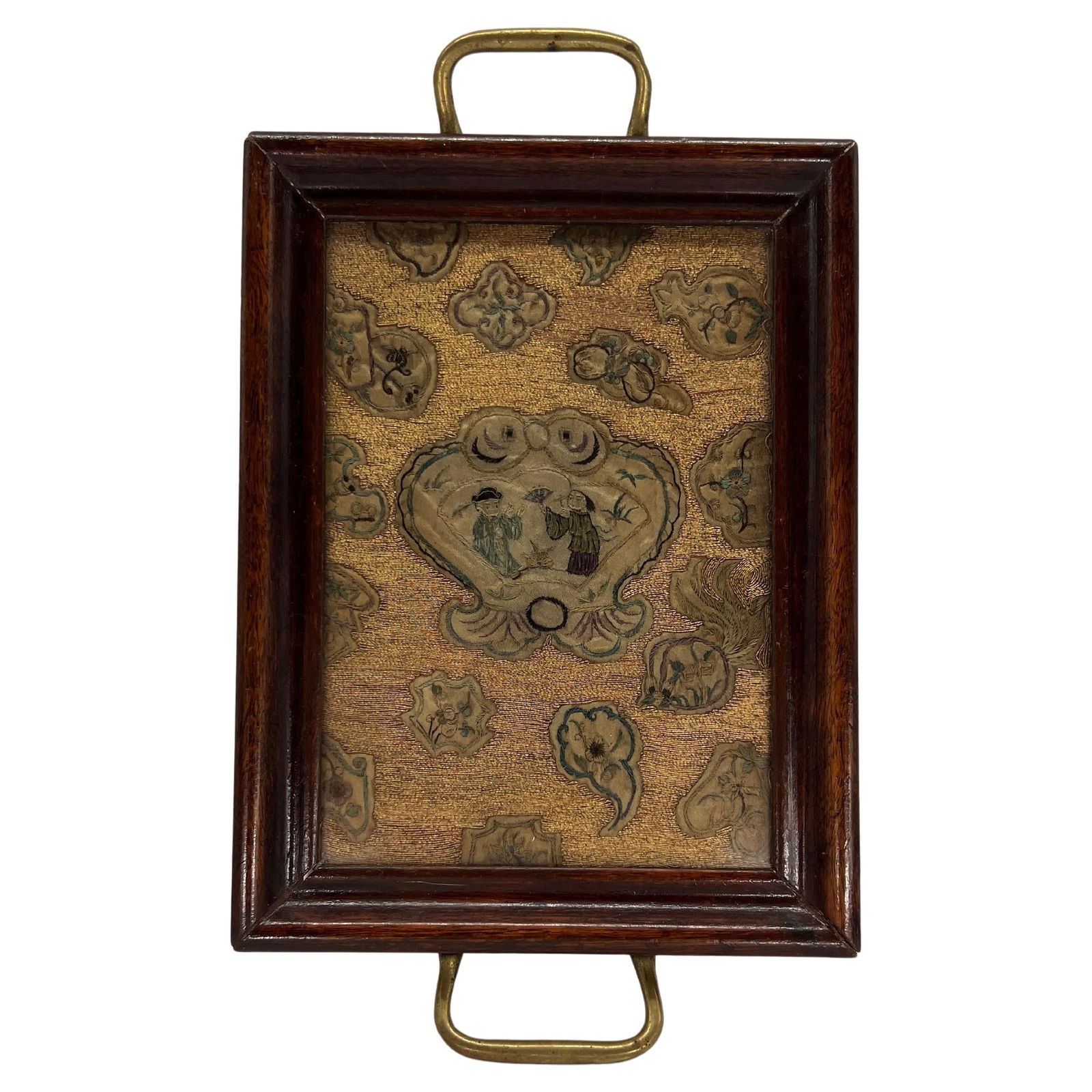 Georgian Era Tray with Chinese Gold Thread Embroidery 18th Century: Georgian Era Tray with Chinese Gold Thread Embroidery 18th Century This exquisite Georgian-era tray showcases a stunning panel of intricate Chinese gold thread embroidery, making it a luxurious