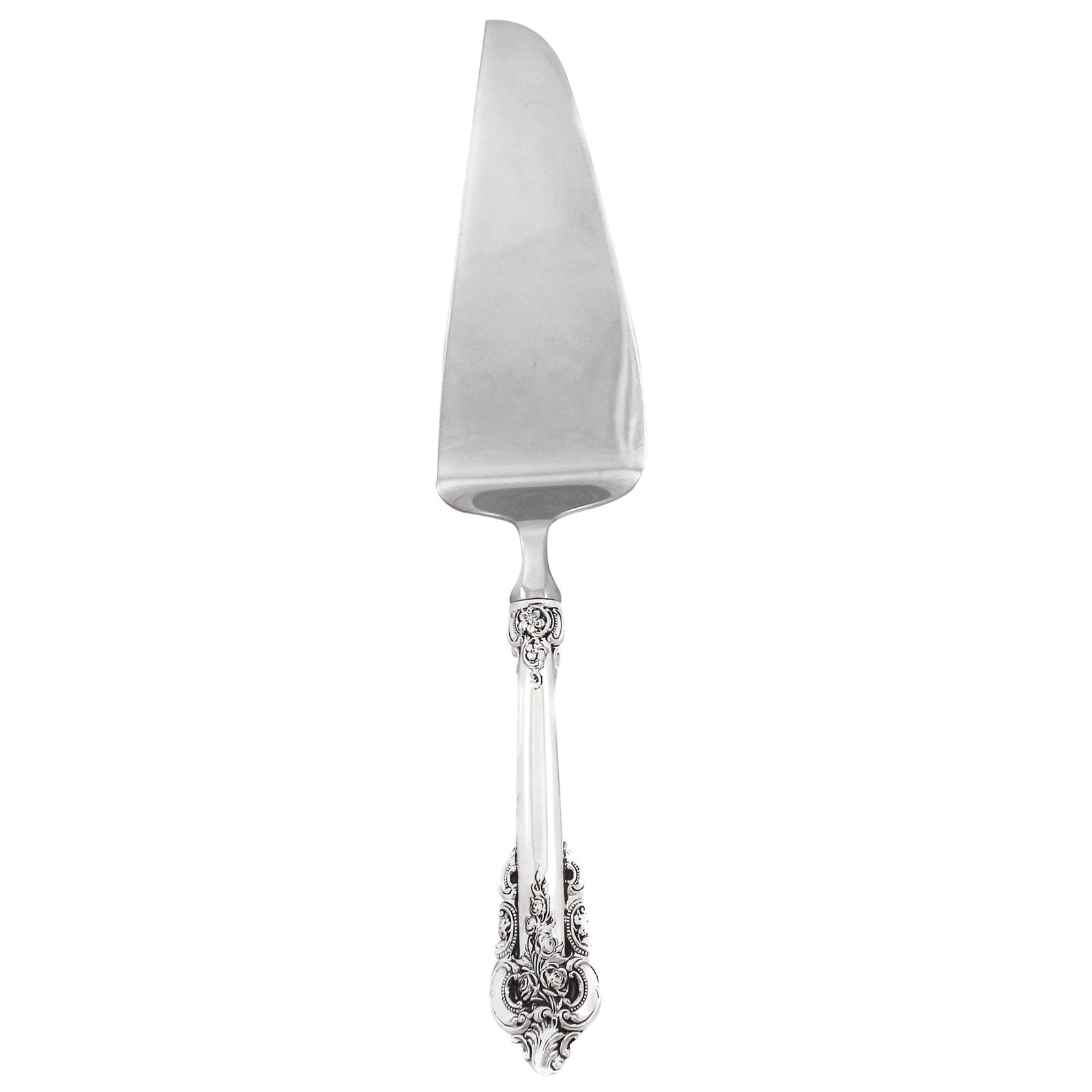 Wallace Grande Baroque Sterling Silver Server 11in Ornate Handle: Wallace Grande Baroque Sterling Silver Server 11in Ornate Handle Introducing a stunning sterling silver server in the elegant Grande Baroque pattern, perfect for serving pies, cakes, quiche, or fish.