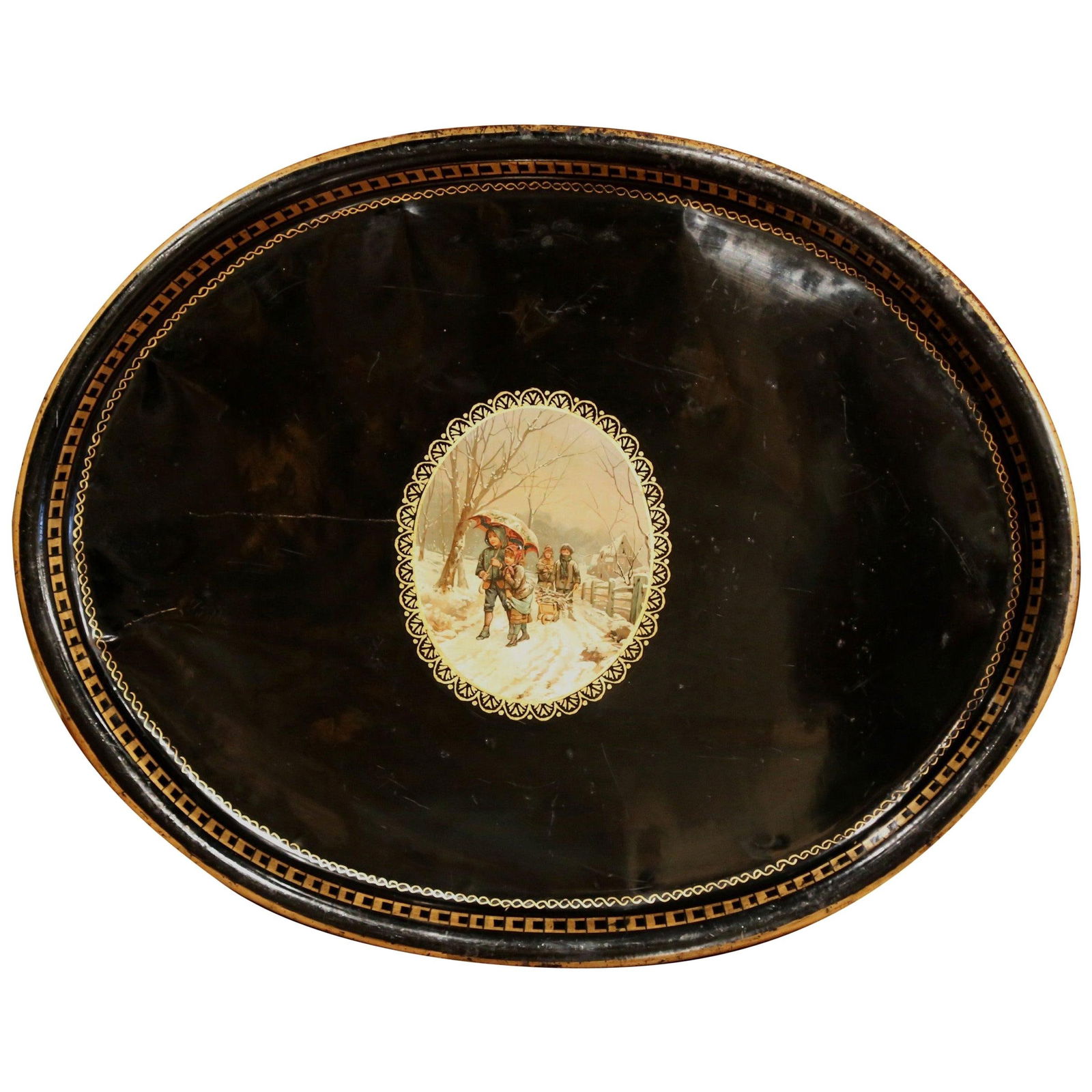 19th Century French Napoleon III Hand-Painted Tole Tray with Winter Scene: 19th Century French Napoleon III Hand-Painted Tole Tray with Winter Scene This exquisite 19th Century French Napoleon III oval tole tray dates back to approximately 1870, showcasing a stunning hand-pa