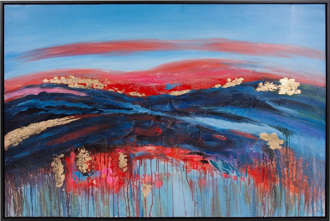 Howard Elliott Red Moon Hand-Painted Art in Modern Frame: Howard Elliott Red Moon Hand-Painted Art in Modern Frame This stunning piece of art features a unique hand-painted representation of a red moon, elegantly displayed in a modern frame. The artwork show