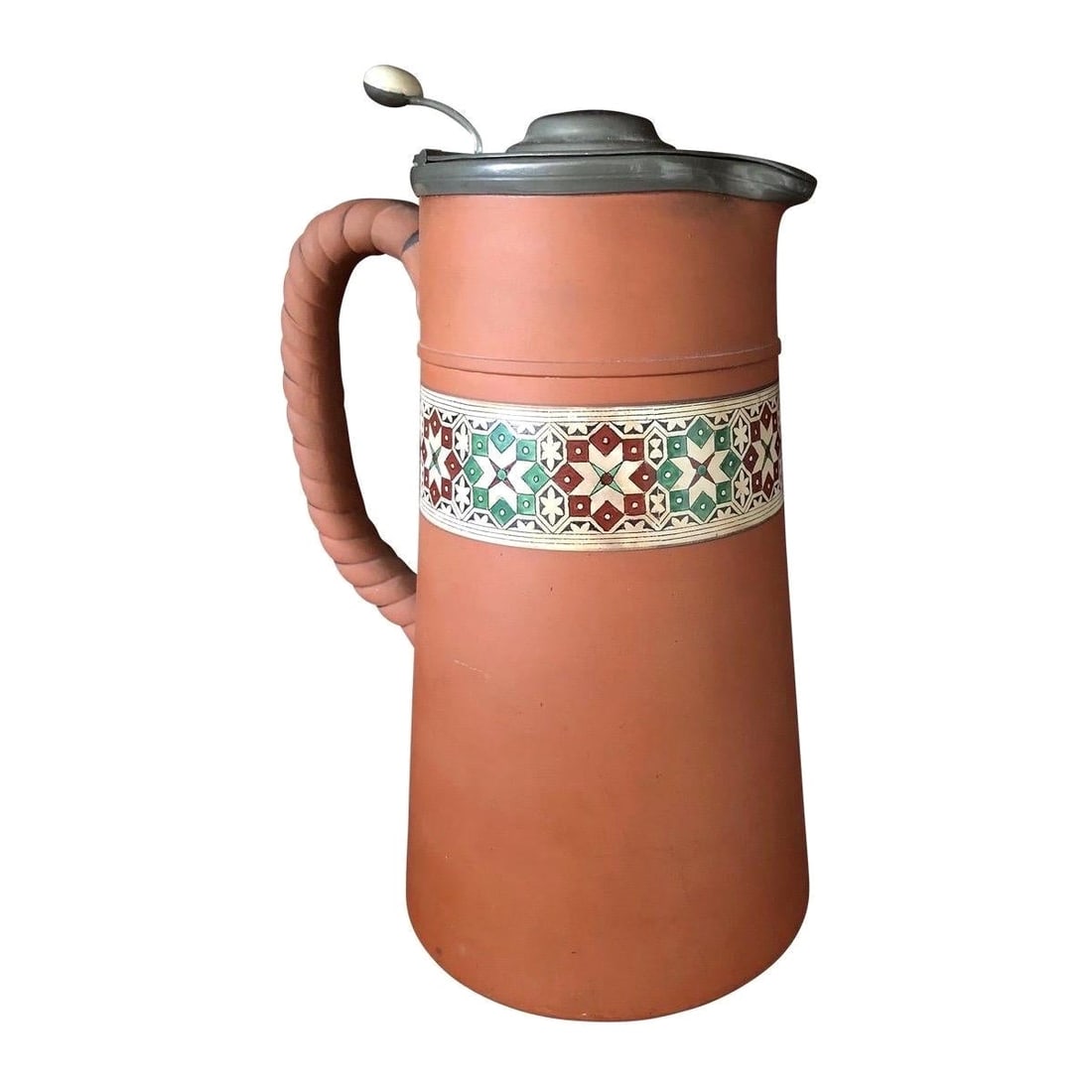Wedgwood Antique Terracotta Pitcher with Enamel Decoration: Wedgwood Antique Terracotta Pitcher with Enamel Decoration This exquisite antique terracotta pitcher, attributed to Wedgwood, showcases a beautiful blend of craftsmanship and artistry from the early 2