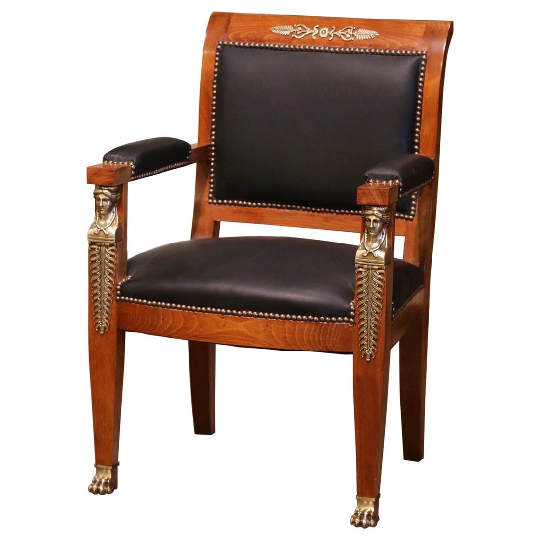 19th Century French Empire Mahogany Desk Armchair with Bronze Mounts and Leather: 19th Century French Empire Mahogany Desk Armchair with Bronze Mounts and Leather Elevate your office or study with this exquisite 19th Century French Empire Mahogany Desk Armchair. Crafted in France c