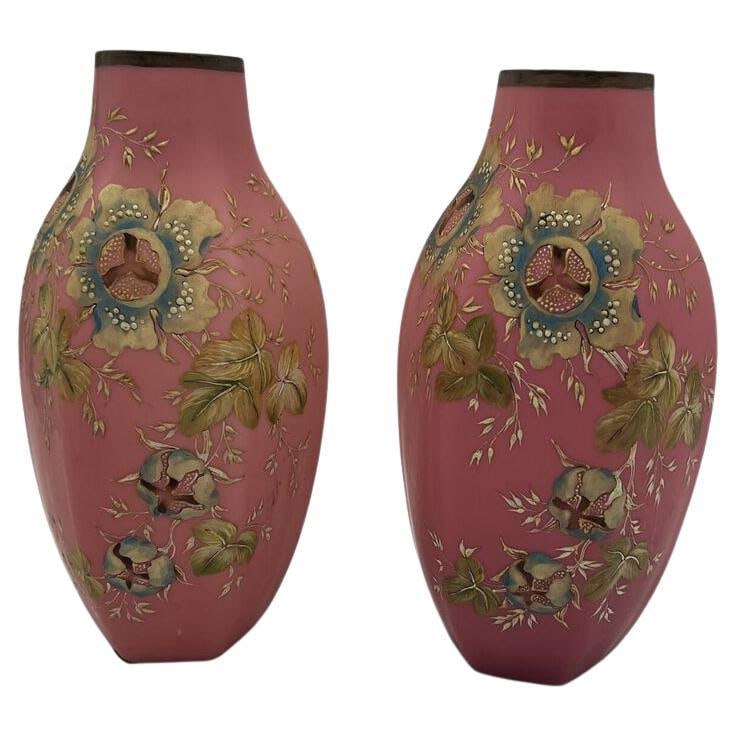 Set of 2 Antique Pink Bristol Glass Floral Vases (1 of 11)