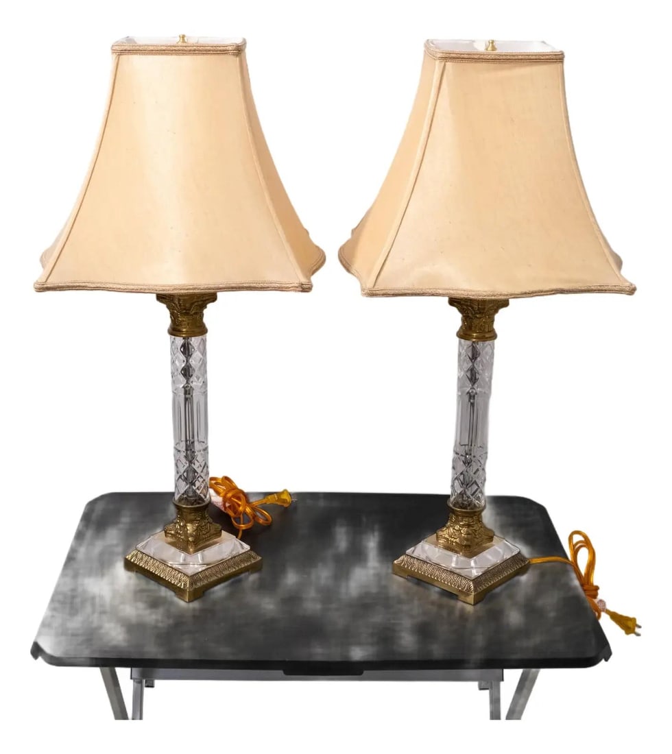 Elegant Pair of Neoclassical Crystal Glass Table Lamps with Brass Hardware (1 of 10)