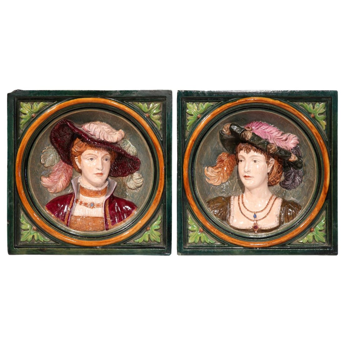 19th Century French Renaissance Hand-Painted Majolica Portrait Plaques Set of 2: 19th Century French Renaissance Hand-Painted Majolica Portrait Plaques Set of 2 Enhance your home decor with this exquisite pair of 19th Century French Renaissance hand-painted majolica portrait