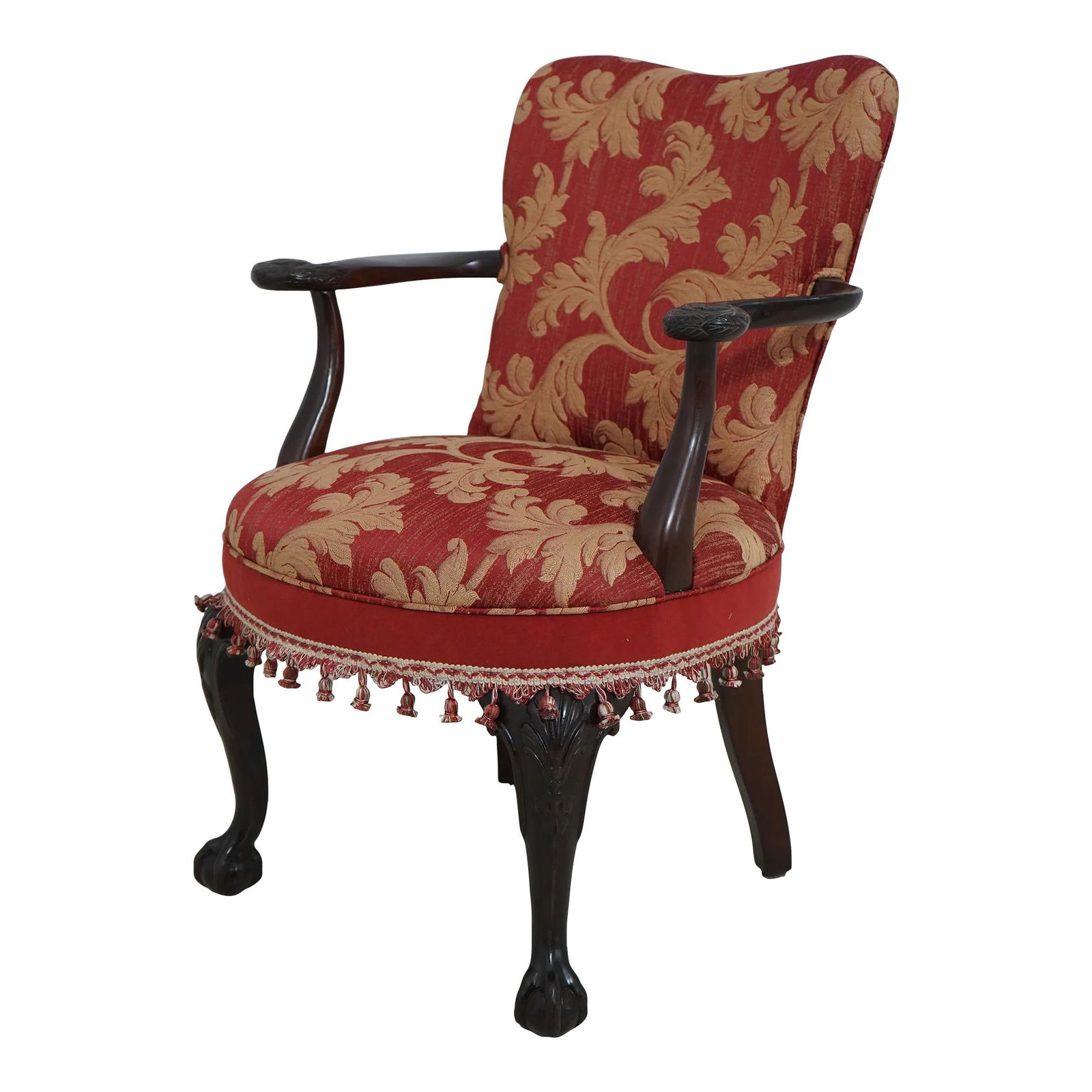 Vintage 1950s Eagle Carved Arms Chair Red Gold Damask Upholstery: Vintage 1950s Eagle Carved Arms Chair Red Gold Damask Upholstery This vintage eagle carved arms chair, dating back to the 1950s, features a stunning new upholstery in rich red and gold damask. The
