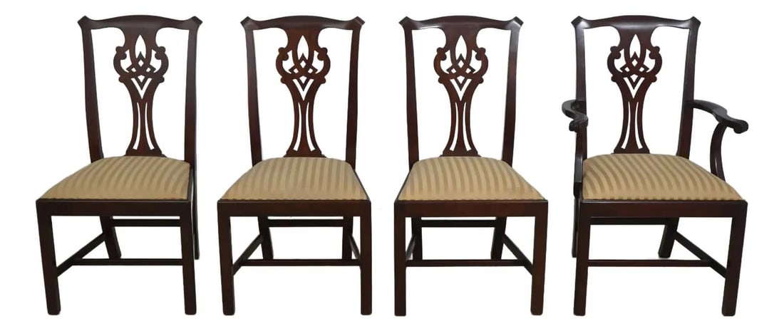 Set of 4 Henkel Harris Mahogany Chippendale Dining Chairs: Set of 4 Henkel Harris Mahogany Chippendale Dining Chairs Enhance your dining experience with this elegant set of 4 Henkel Harris Mahogany dining room chairs. Crafted around 2007, these chairs feature
