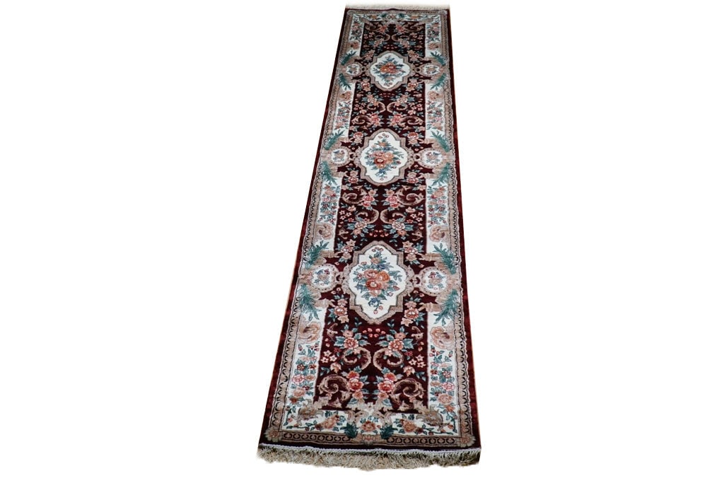 Luxurious 2.6 x 11.11 Dark Red Bamboo Silk Aubusson Runner (1 of 7)