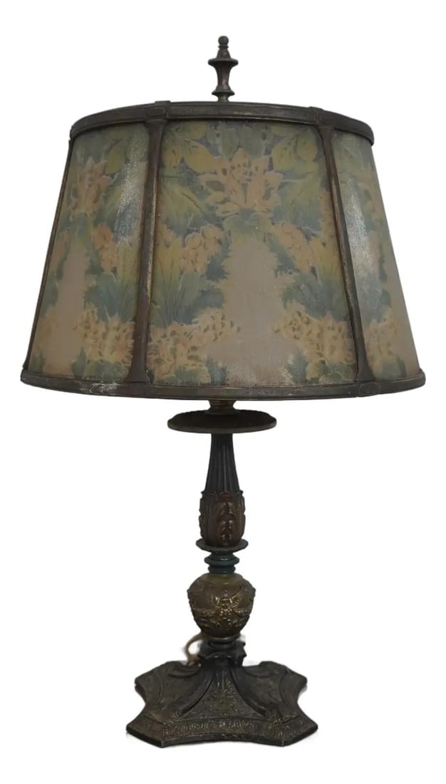 1920s Vintage Reverse Painted Large Glass Table Lamp: 1920s Vintage Reverse Painted Large Glass Table Lamp This stunning vintage table lamp from the 1920s features an impressive reverse painted shade that showcases a beautiful polychrome finish on a stur