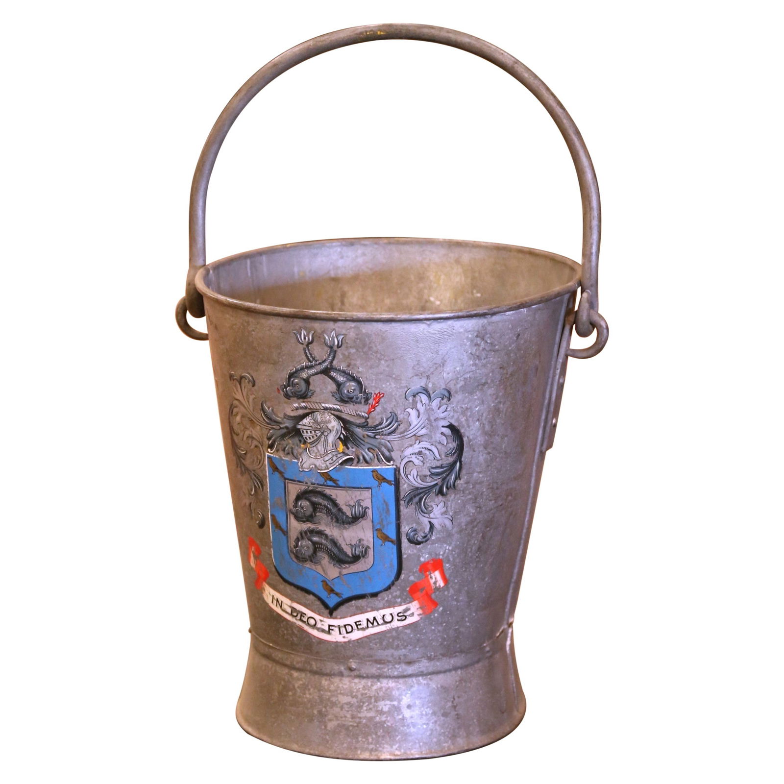 Antique English Hand-Painted Iron Fire Coal Bucket with Crest circa 1930 (1 of 10)