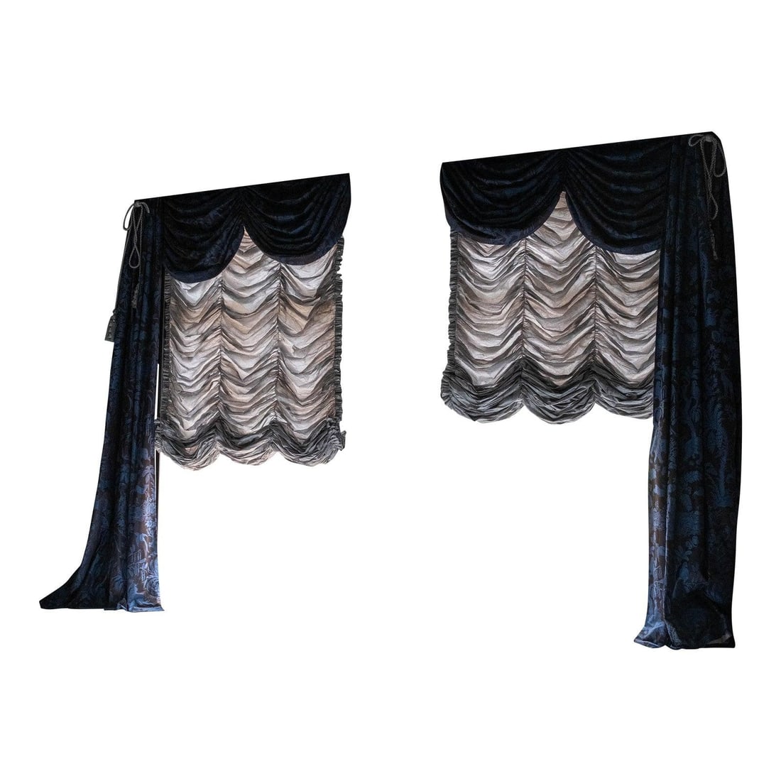 Elegant Custom Scalamandre Blue Damask Drapes with Tassels: Elegant Custom Scalamandre Blue Damask Drapes with Tassels Elevate your space with these exquisite custom drapes crafted from high-quality Scalamandre fabric. Designed approximately 20 years ago by a