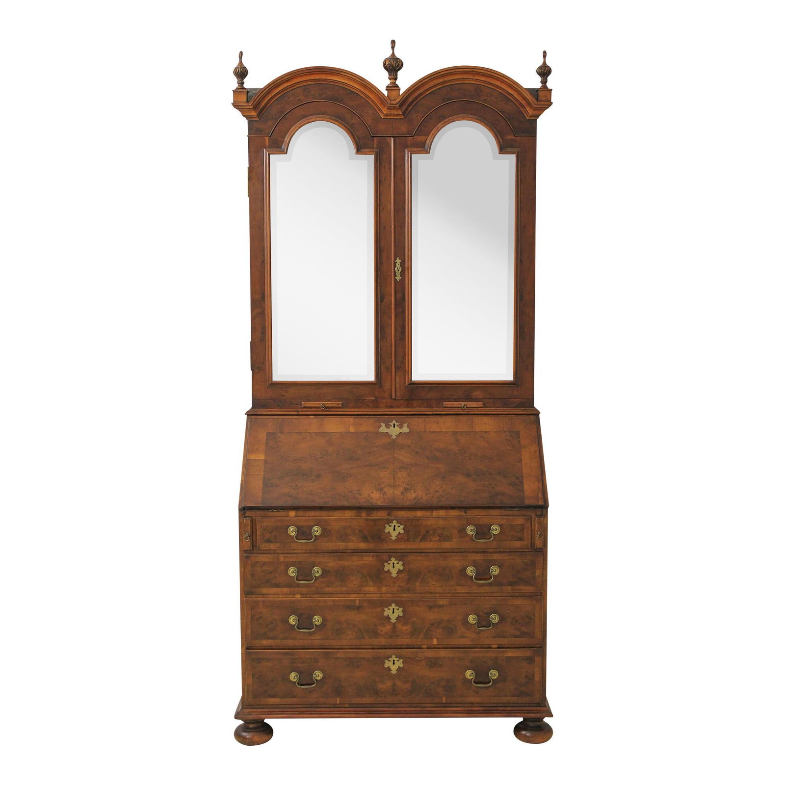 18th Century George III Burl Walnut Secretary Desk with Bonnet Top: 18th Century George III Burl Walnut Secretary Desk with Bonnet Top This exquisite Antique English George III Secretary Desk dates back approximately 200 years, showcasing the elegance of the 18th cent