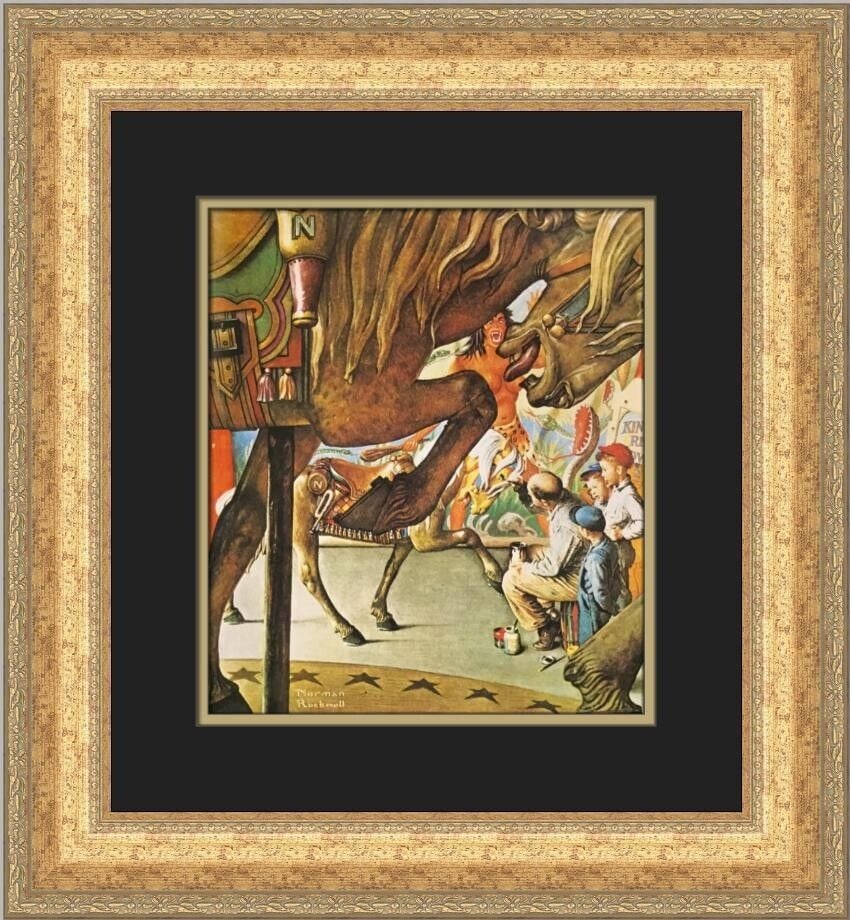 Norman Rockwell Carousel Horses Custom Framed Print 1979: Norman Rockwell Carousel Horses Custom Framed Print 1979 This stunning custom framed print features Norman Rockwell's iconic artwork titled "Carousel Horses." Created in 1979, this medium-sized piece