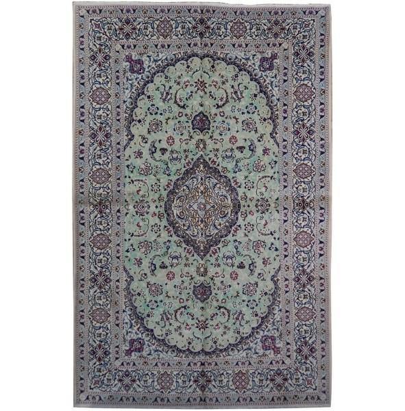 6.4 x 9.8 Light Green Persian Nain Wool Silk Rug from Iran (1 of 6)