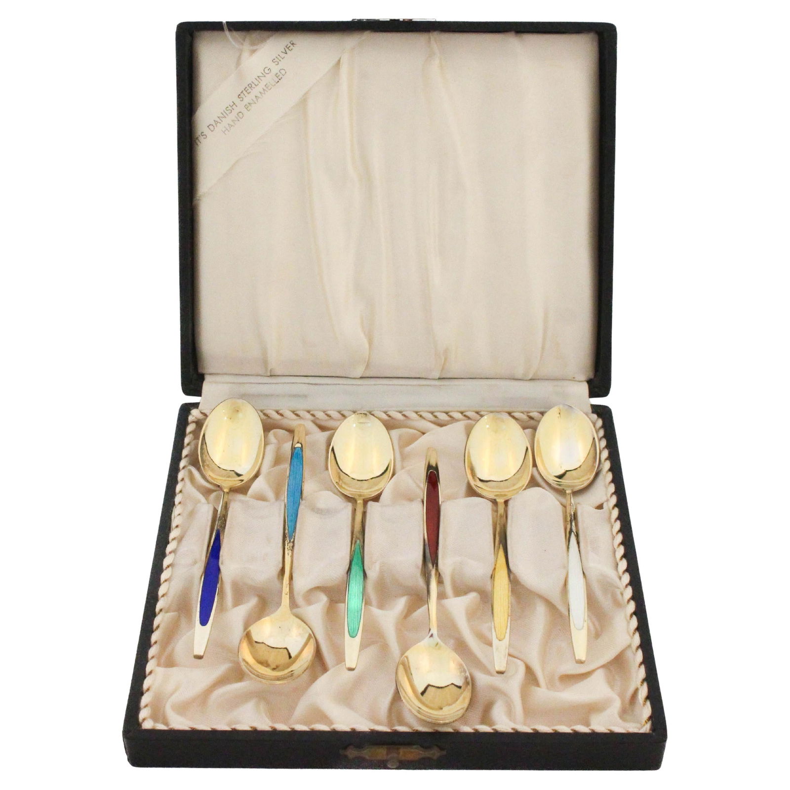 Danish Sterling Silver Enamel Spoons Set of 6 Vintage Box (1 of 12)