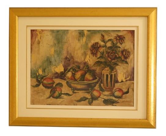 1990s Gold Framed Still Life Print 34.5x28 Art Decor: 1990s Gold Framed Still Life Print 34.5x28 Art Decor Enhance your space with this exquisite 1990s decorative still life print, elegantly framed in gold. This piece features high-quality construction w