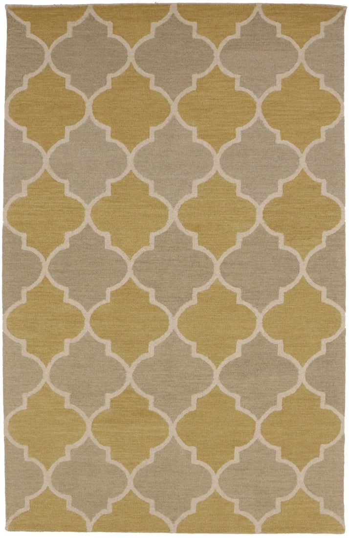 5x8 Hand-Tufted Wool Rug in Modern Beige and Gold Trellis Pattern: 5x8 Hand-Tufted Wool Rug in Modern Beige and Gold Trellis Pattern This modern area rug features a beige and gold trellis design, crafted from wool using a hand-tufted technique. The rectangular carpet