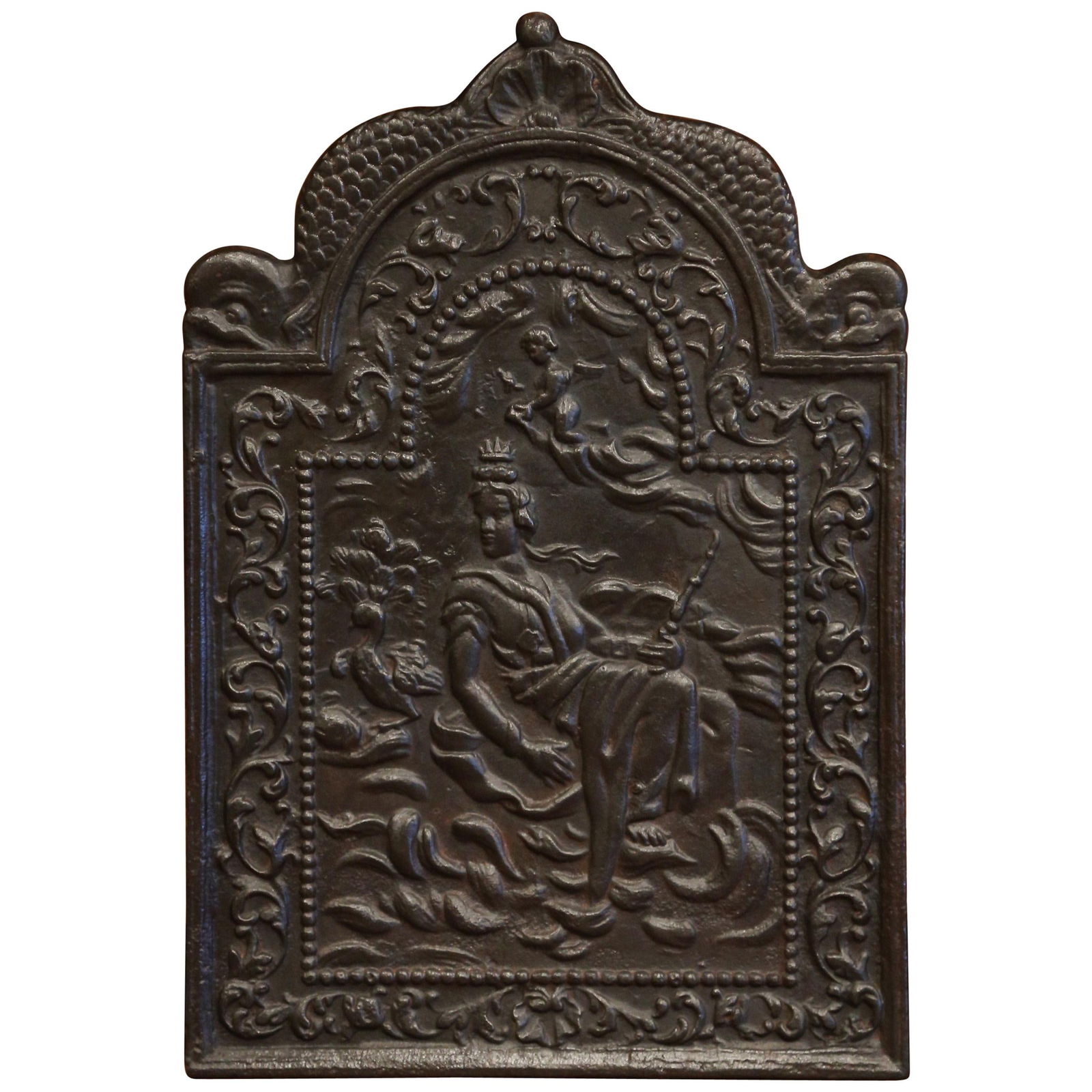 19th Century French Louis XV Iron Fireback with Goddess and Dolphins: 19th Century French Louis XV Iron Fireback with Goddess and Dolphins This exquisite 19th Century French Louis XV polished iron fireback is a stunning addition to any fireplace or kitchen stove. Crafte