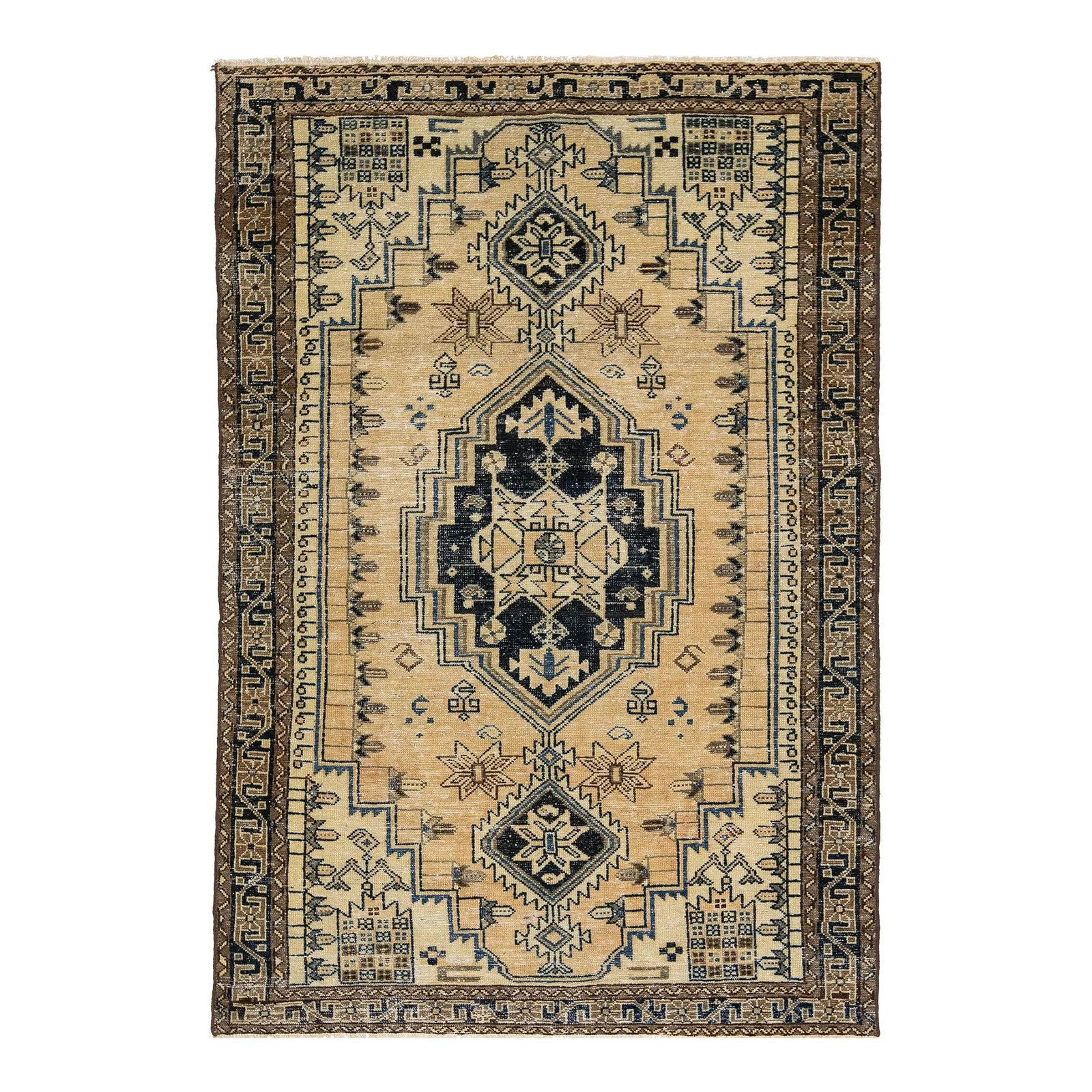 Beige Tribal Design Vintage Handmade Wool Rug 4'1 x 6'1 (1 of 8)