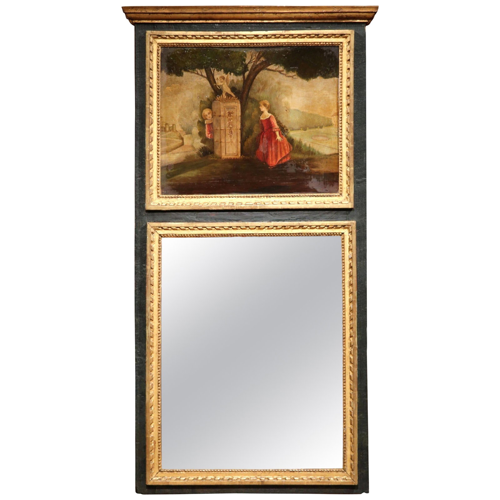 19th Century French Louis Philippe Trumeau Mirror with Romantic Scene: 19th Century French Louis Philippe Trumeau Mirror with Romantic Scene Elevate your home decor with this stunning 19th-century Louis Philippe French trumeau mirror, meticulously crafted around 1840. Th