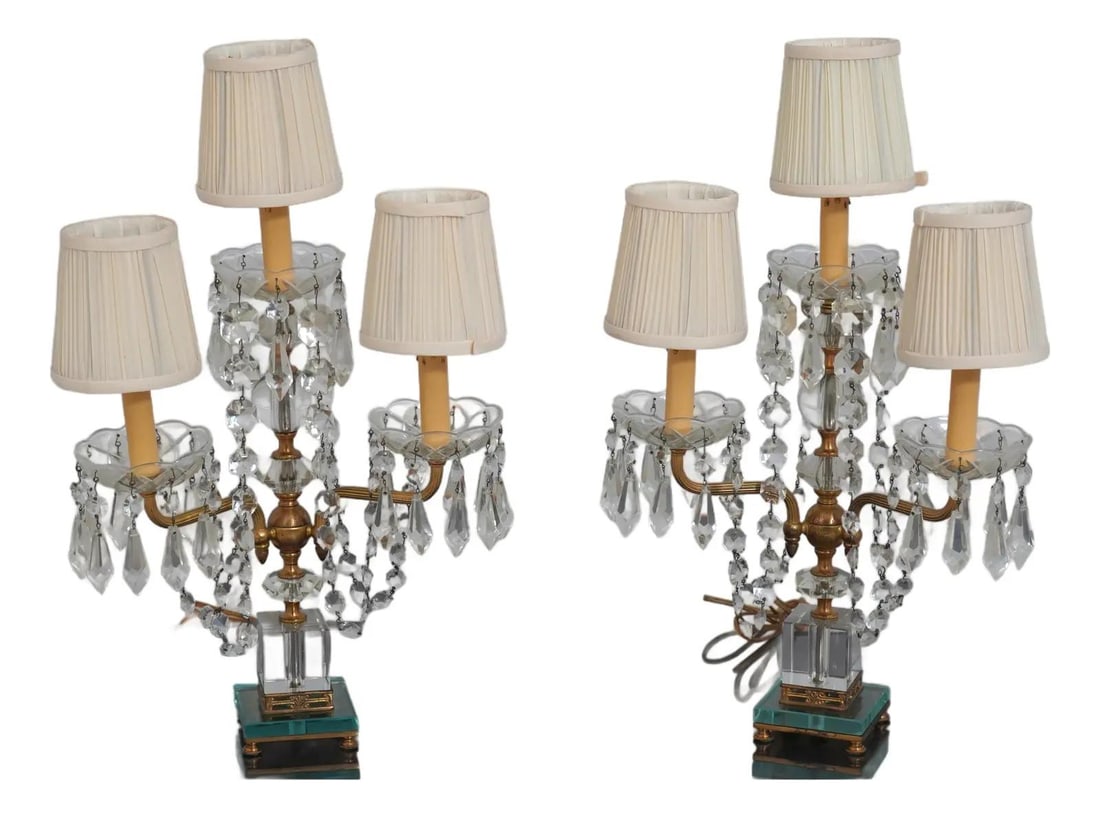 Vintage 1930s Brass Crystal Candelabra Table Lamps Pair (1 of 10)