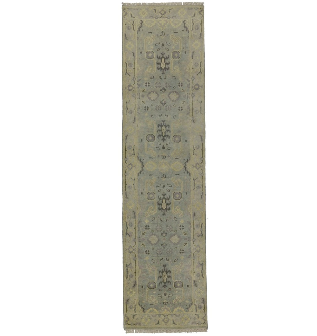 Hand-Knotted Wool Runner Rug Muted Floral Pattern 2'7 x 9'11 India: Hand-Knotted Wool Runner Rug Muted Floral Pattern 2'7 x 9'11 India This Oushak Chobi runner rug features a muted floral pattern with shades of greige, beige, dark brown, mauve, and buff. Hand-knotted