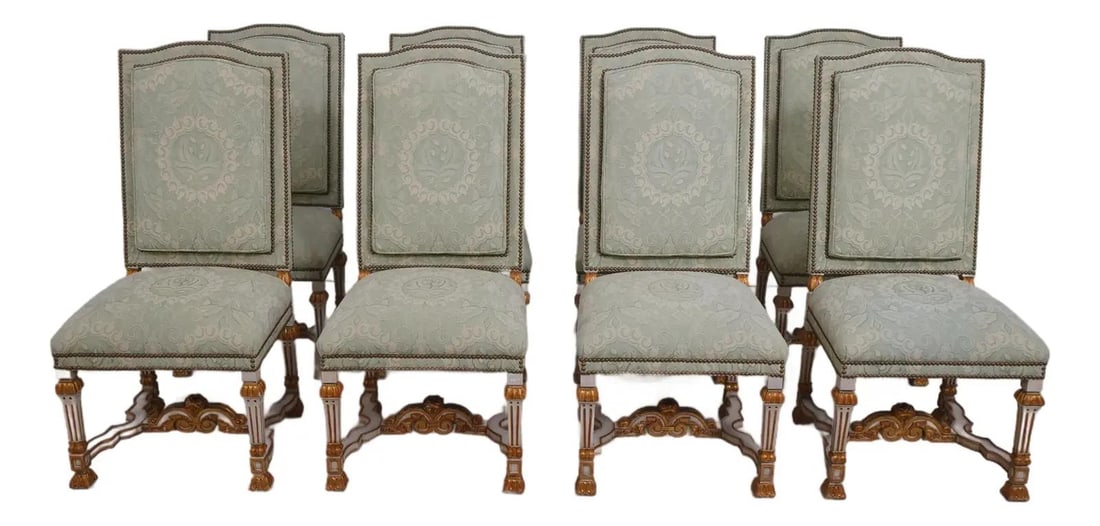 Set of 8 Vintage French Upholstered Dining Chairs with Carved Details (1 of 10)