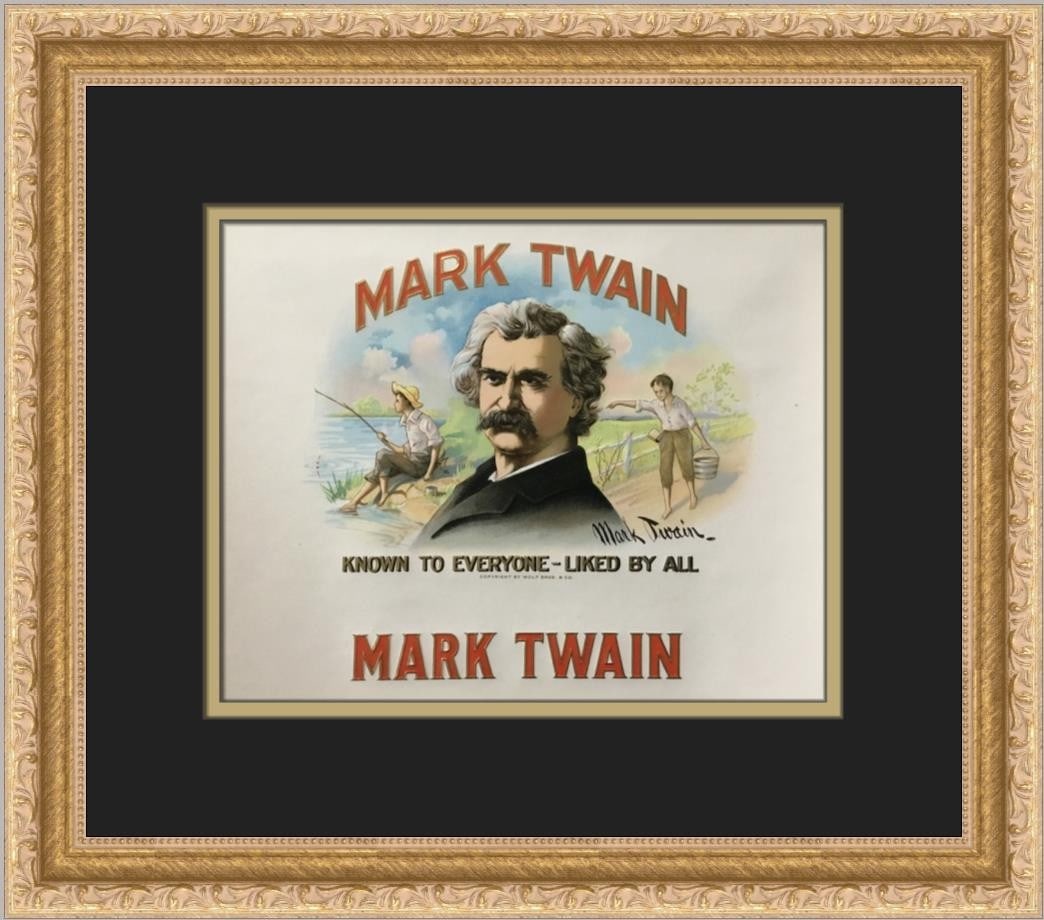 Framed Antique Mark Twain Cigar Box Lithograph Label United States 7" x 9": Framed Antique Mark Twain Cigar Box Lithograph Label United States 7" x 9" This is an original antique lithograph cigar box label from the United States, dating from the golden age of cigar production
