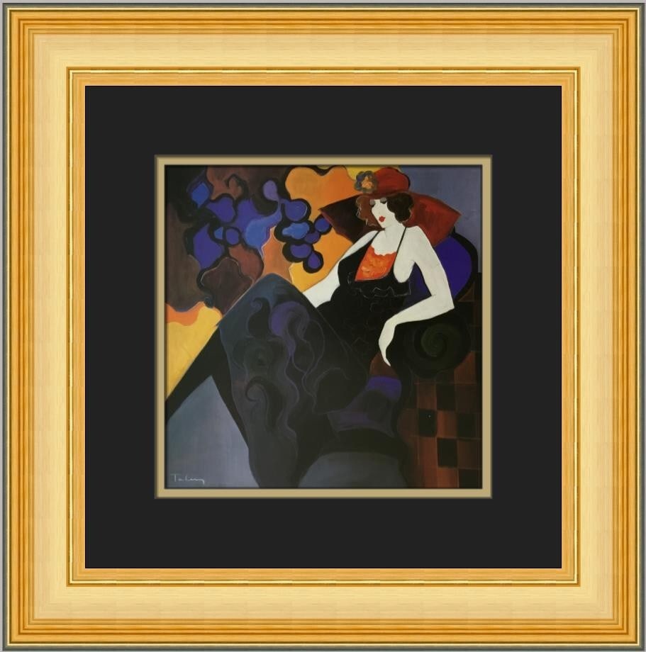 Itzchak Tarkay Lady in Big Red Hat Custom Framed Print 16x16: Itzchak Tarkay Lady in Big Red Hat Custom Framed Print 16x16 This stunning custom framed print titled "Lady in Big Red Hat" by artist Itzchak Tarkay captures contemporary art in a vibrant style. Creat