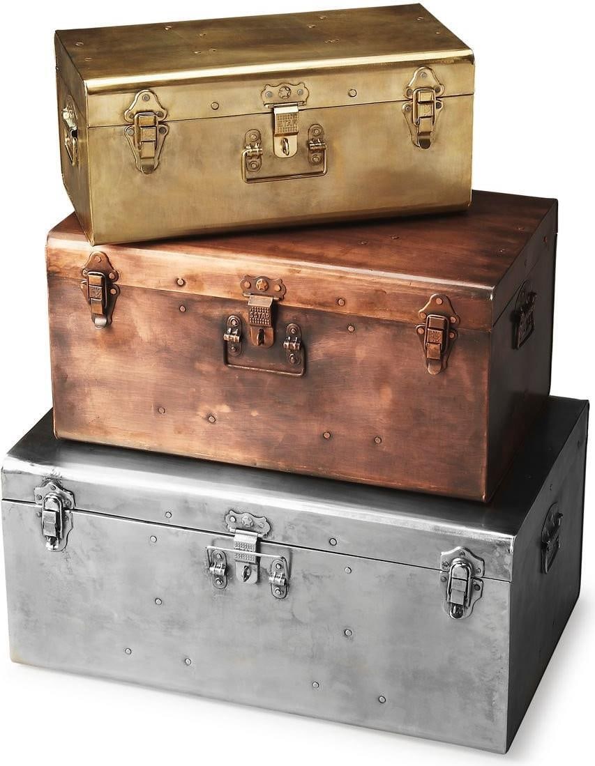 Butler Spirit Collection Multicolored Industrial Metal Trunk: Butler Spirit Collection Multicolored Industrial Metal Trunk Introducing the Stylish Multicolored Metal Trunk Collection, an exquisite addition to your home decor. This trunk features a unique industr