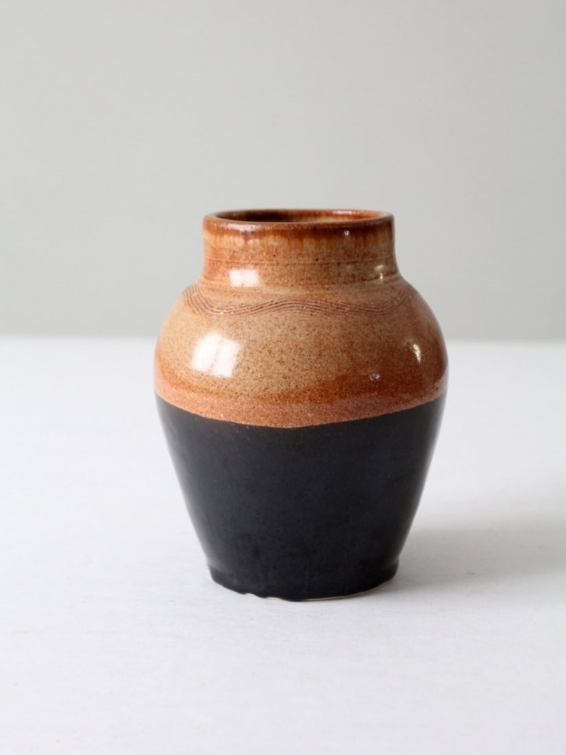 Signed Vintage Studio Pottery Vase with Glossy Brown and Matte Black Glaze (1 of 12)