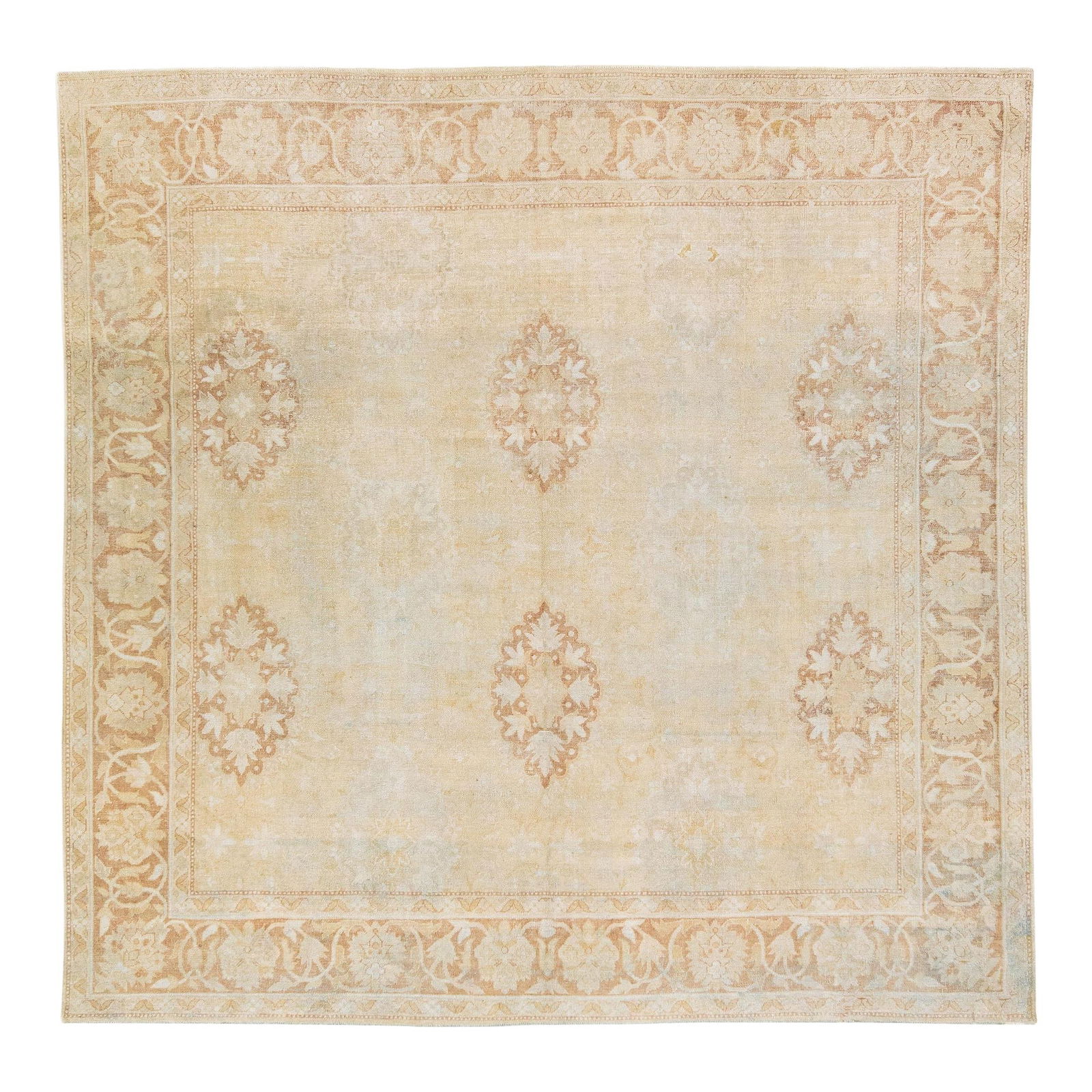 Antique 1920s Indian Agra Handmade Wool Rug 9'7" x 9'9" Beige Floral Design (1 of 8)