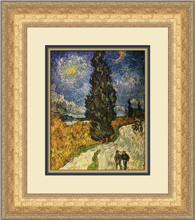 Vincent Van Gogh Cypress Tree Starry Sky Custom Framed Art Print: Vincent Van Gogh Cypress Tree Starry Sky Custom Framed Art Print This exquisite custom framed print features Vincent Van Gogh's iconic artwork, "Cypress Tree against a Starry Sky." The print showcases