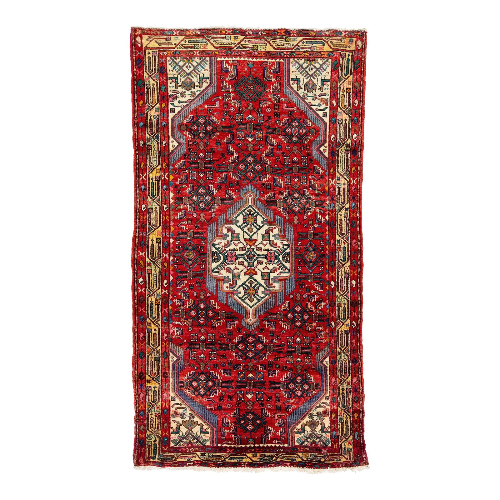 Vintage 1960s Persian Hamadan Wool Rug Red Medallion Design 4'6 x 8'7: Vintage 1960s Persian Hamadan Wool Rug Red Medallion Design 4'6 x 8'7 This vintage hand-knotted Persian Hamadan wool rug features a striking medallion design set against a vibrant red field, enhanced