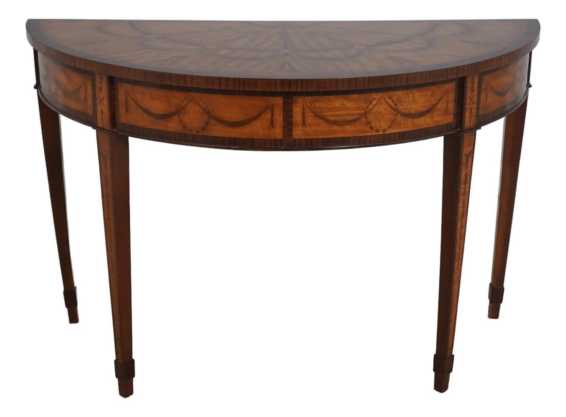 Elegant Inlaid Mixed Wood Demilune Table French Style 51.5w: Elegant Inlaid Mixed Wood Demilune Table French Style 51.5w This exquisite Inlaid Mixed Wood Demilune Adams Style Table features high-quality construction and elegant inlay work throughout, showcasing