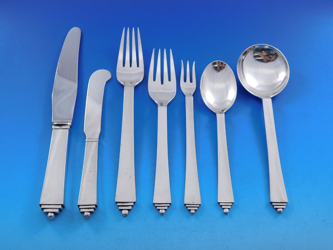 Georg Jensen Pyramid Sterling Silver Flatware Set 57 Pieces for 8 (1 of 6)