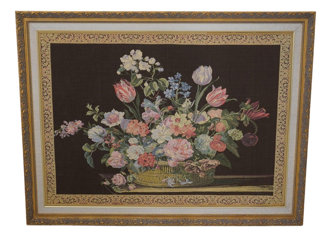 Framed Floral Petipoint Tapestry 61.5 x 46.5 Gold Finish (1 of 10)