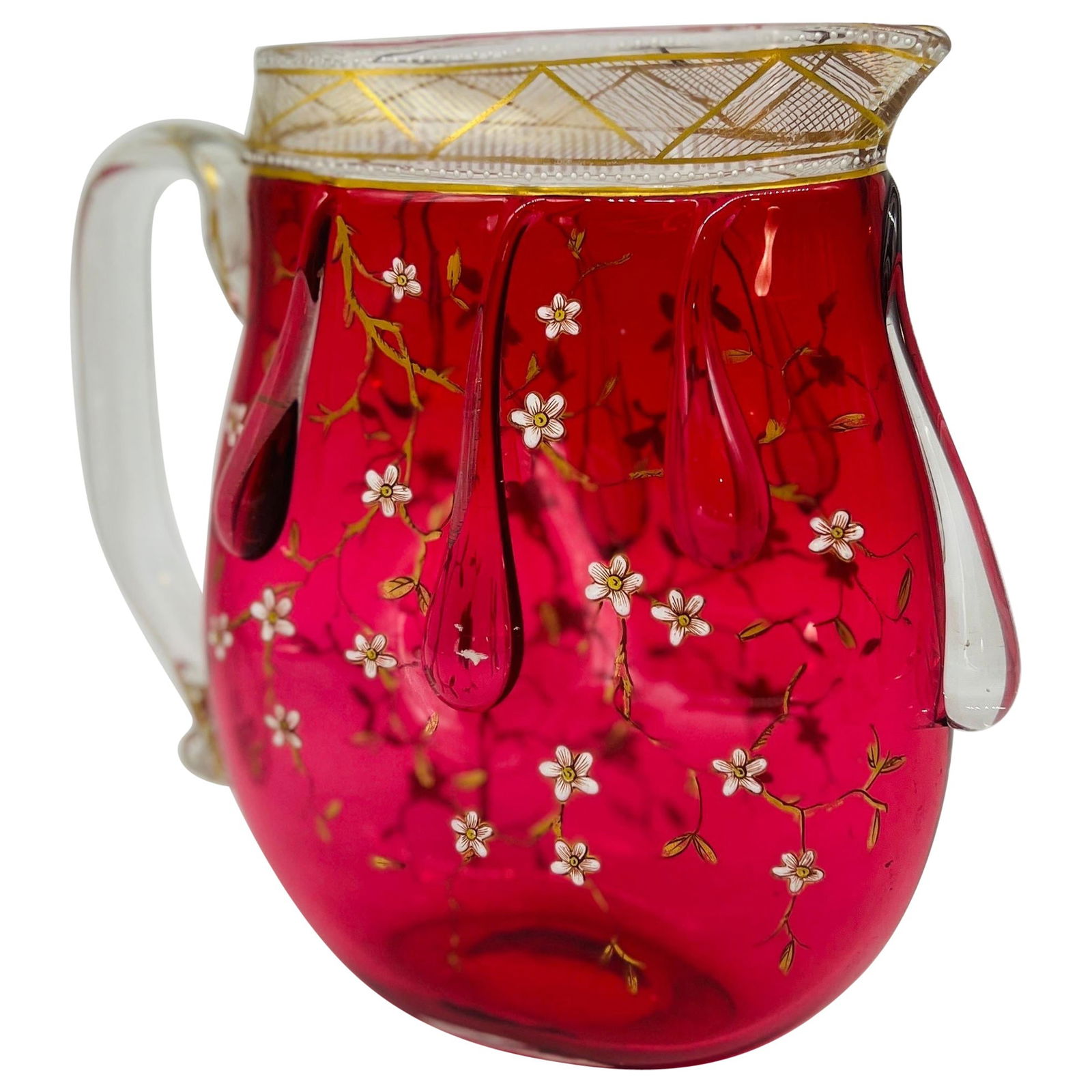 19th Century Rare Moser Cranberry Art Glass Pitcher with Floral Enamel Decoration (1 of 14)