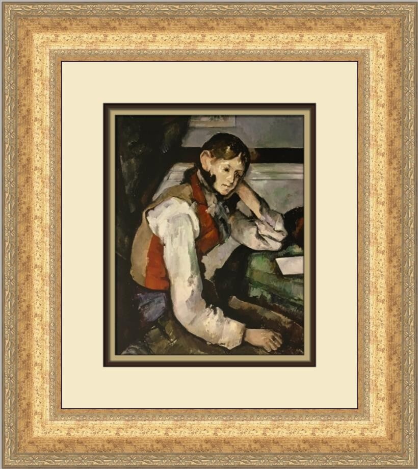 Paul Cezanne Boy in a Red Waistcoat Custom Framed Art Print 1981: Paul Cezanne Boy in a Red Waistcoat Custom Framed Art Print 1981 This captivating custom framed print features Paul Cezanne's renowned artwork titled 'Boy in a Red Waistcoat.' Measuring 16 inches in w